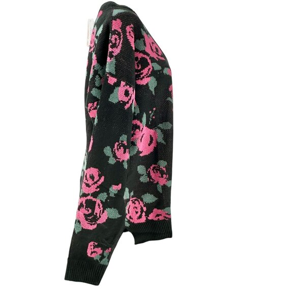 LuLaRoe Torrie Sweater Womens L Black Acrylic LS Pink Green Floral Print V-Neck - Picture 4 of 10